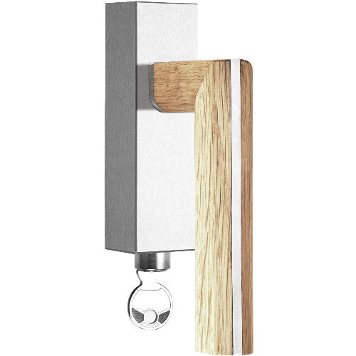 PBL22-DKLOCK satin stainless steel and oak wood locking tilt and turn window handle