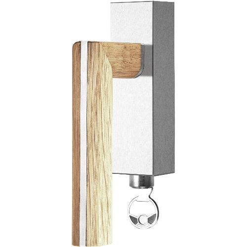 PBL22-DKLOCK satin stainless steel and oak wood locking tilt and turn window handle